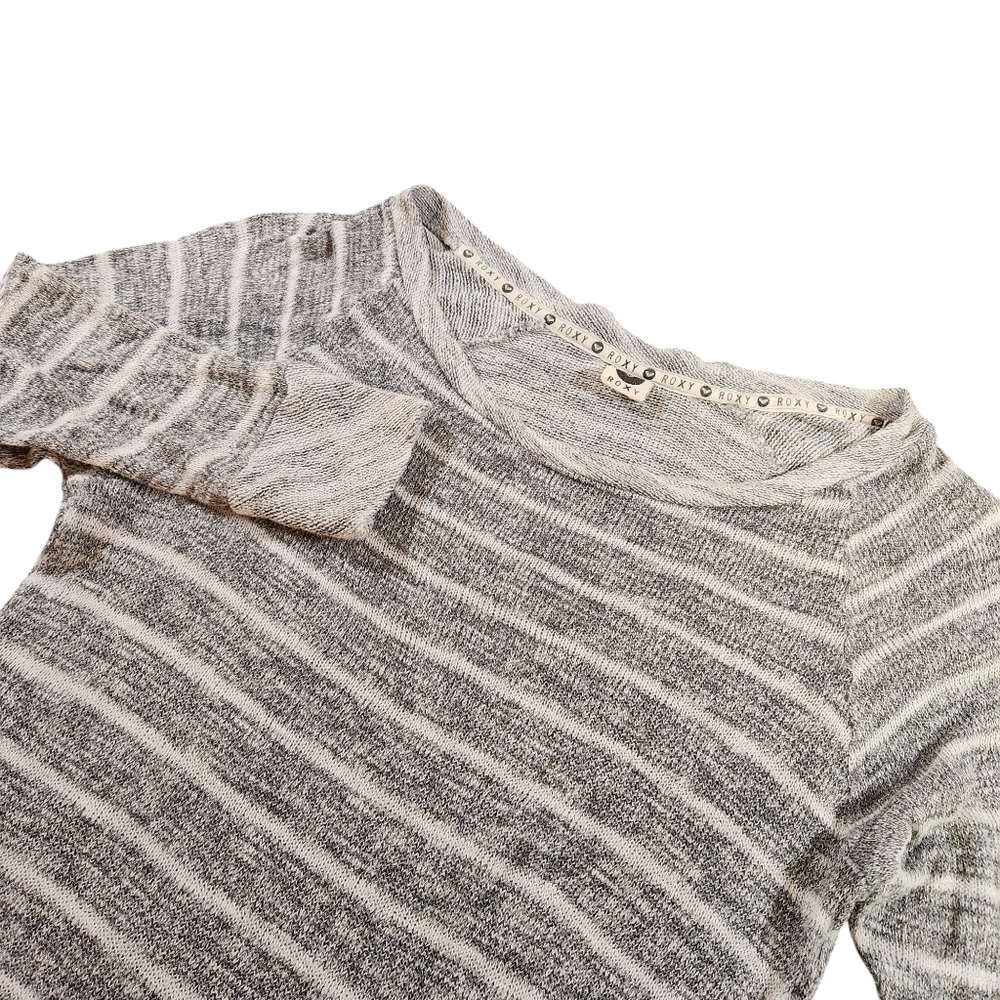 ROXY Womens Sweater Size XS Loose Knit 3/4 Sleeve Gray White Striped Lightweight